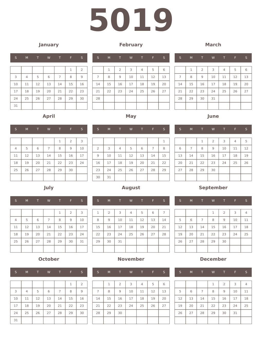 Printable 5019 Year Calendars wenge