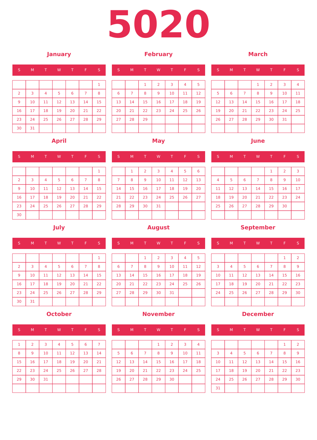 Printable 5020 Year Calendars amaranth