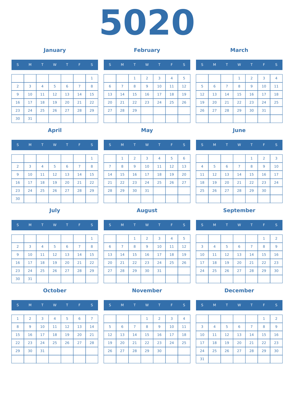 Printable 5020 Year Calendars blue