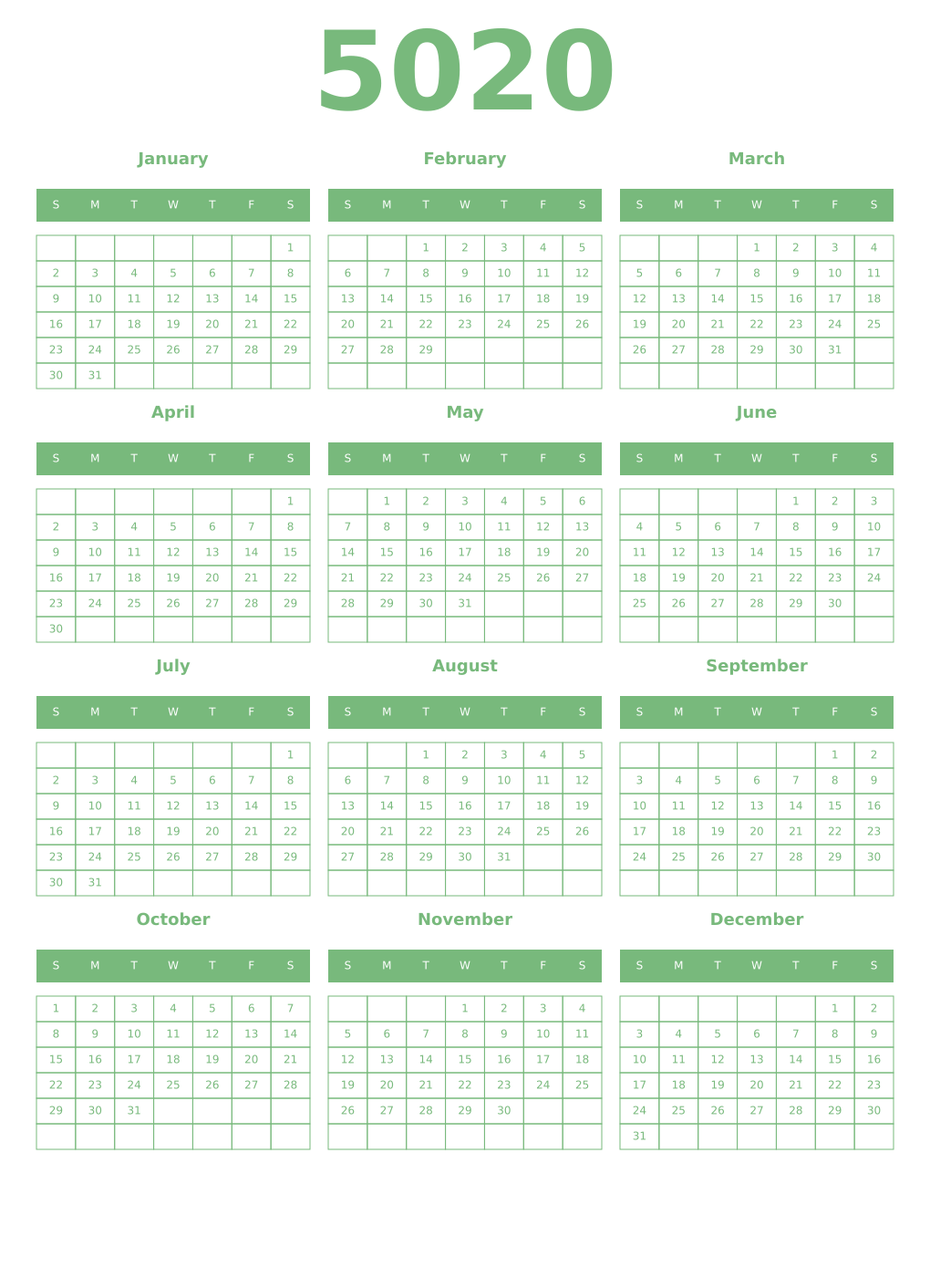 Printable 5020 Year Calendars celadon