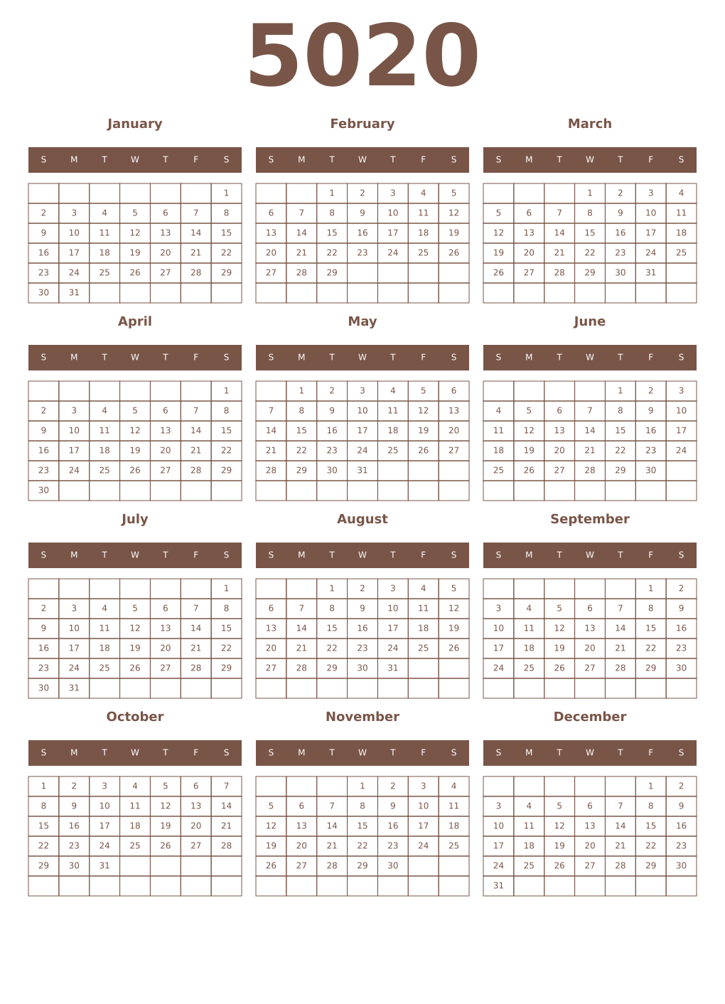 Printable 5020 Year Calendars coffe