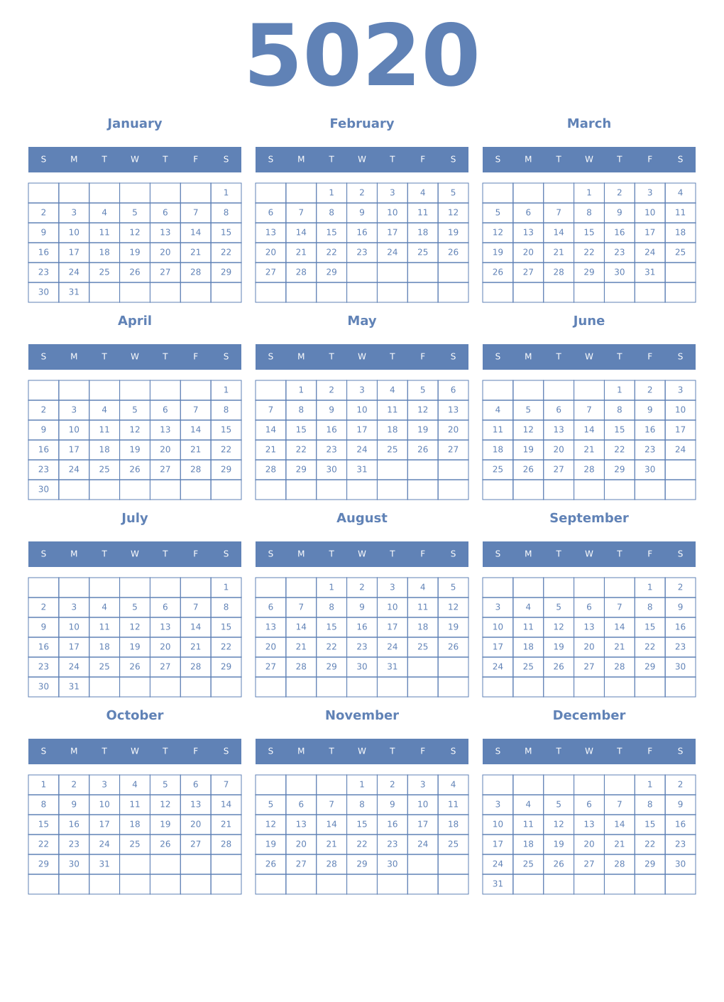 Printable 5020 Year Calendars glaucous