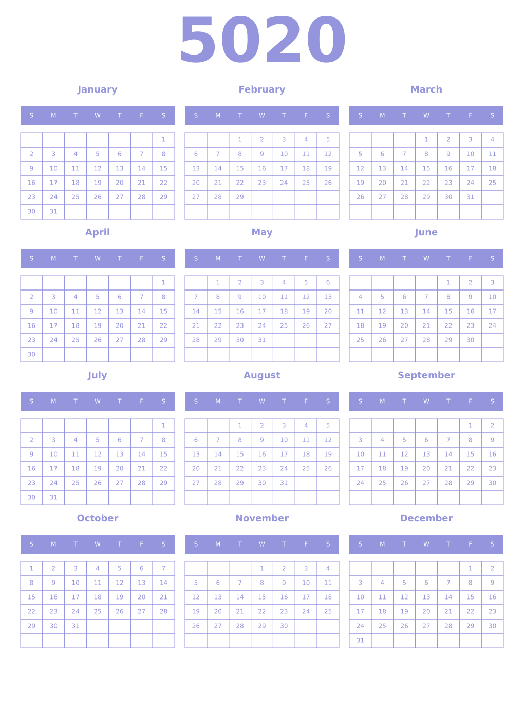 Printable 5020 Year Calendars periwinkle