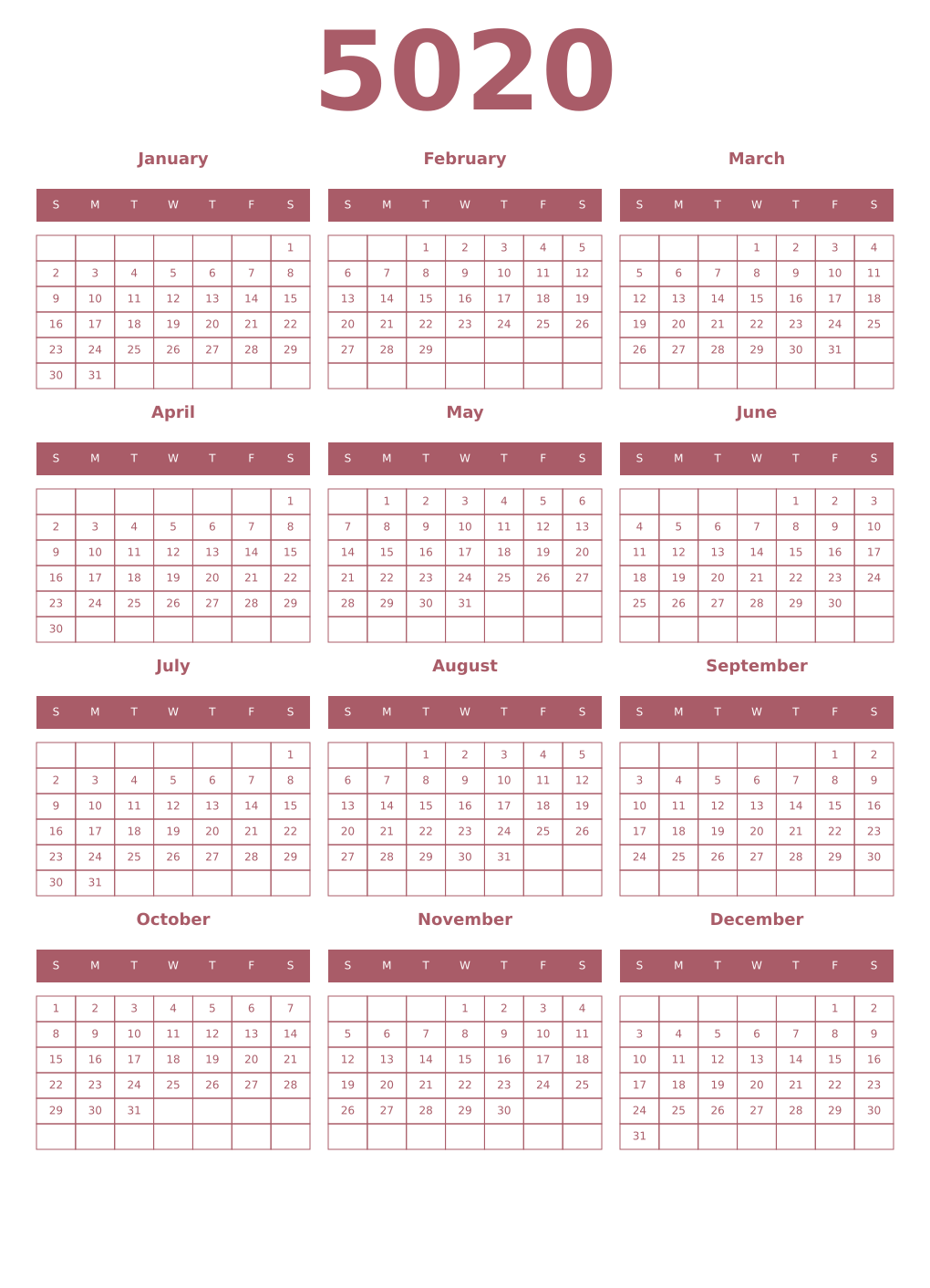 Printable 5020 Year Calendars puce