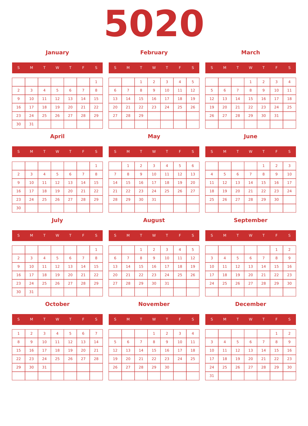 Printable 5020 Year Calendars red