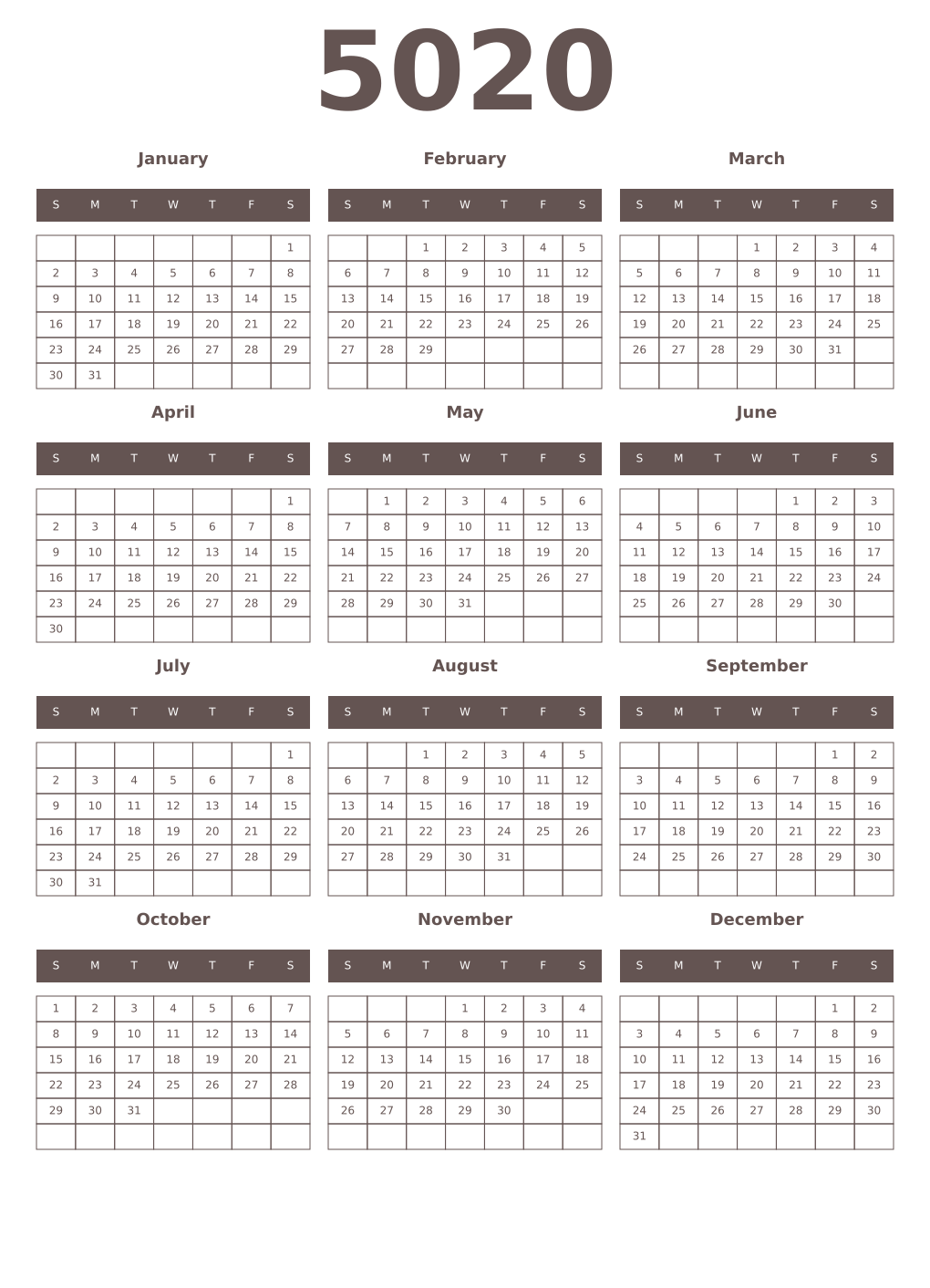 Printable 5020 Year Calendars wenge