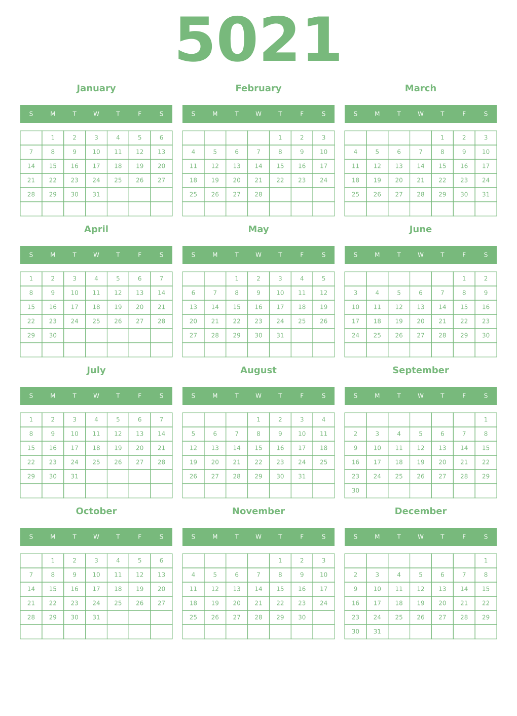 Printable 5021 Year Calendars celadon