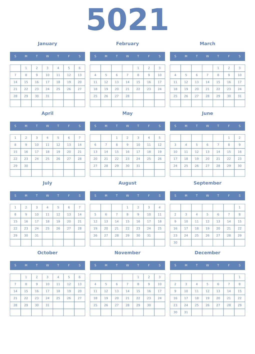 Printable 5021 Year Calendars glaucous