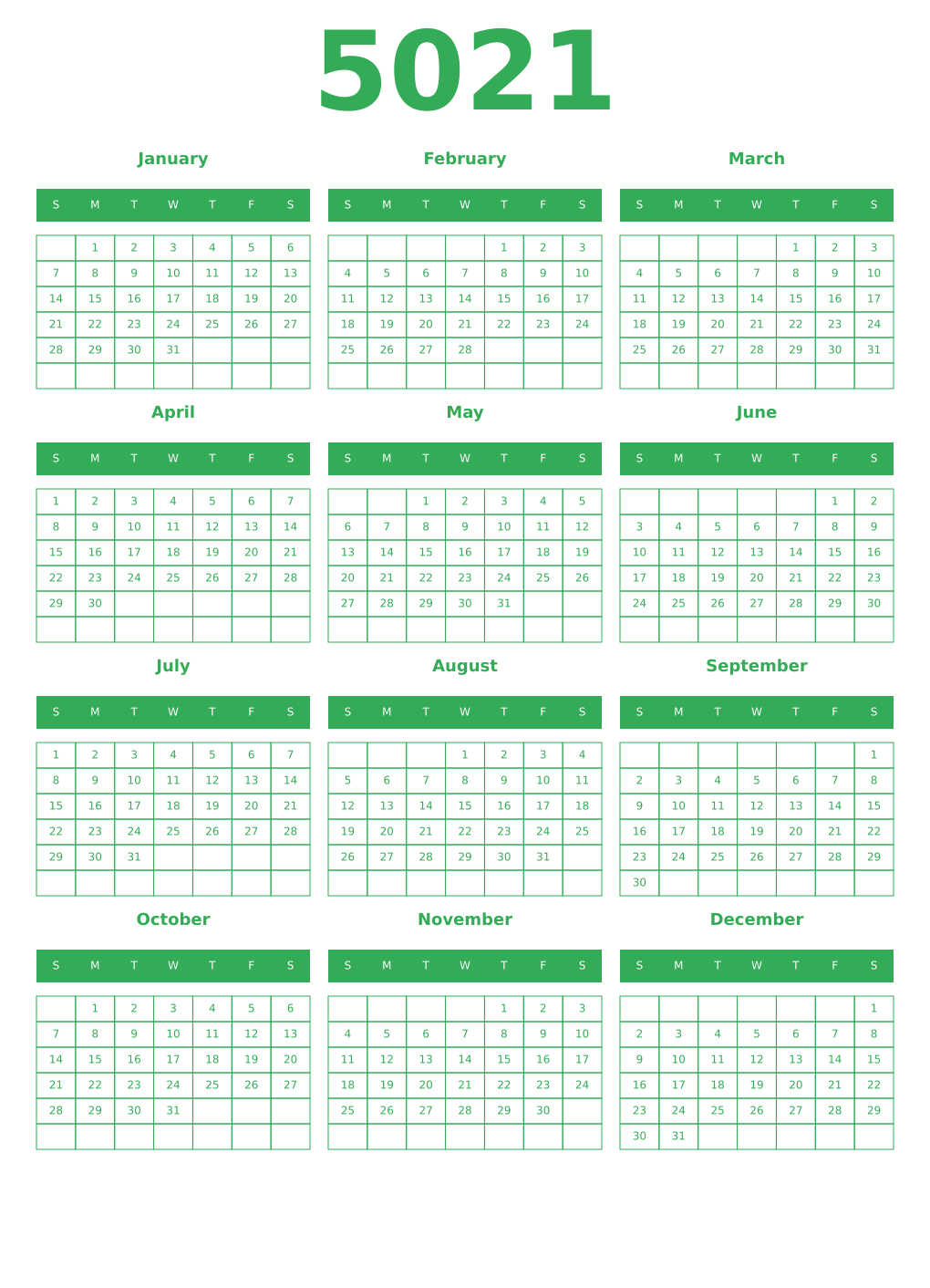 Printable 5021 Year Calendars green