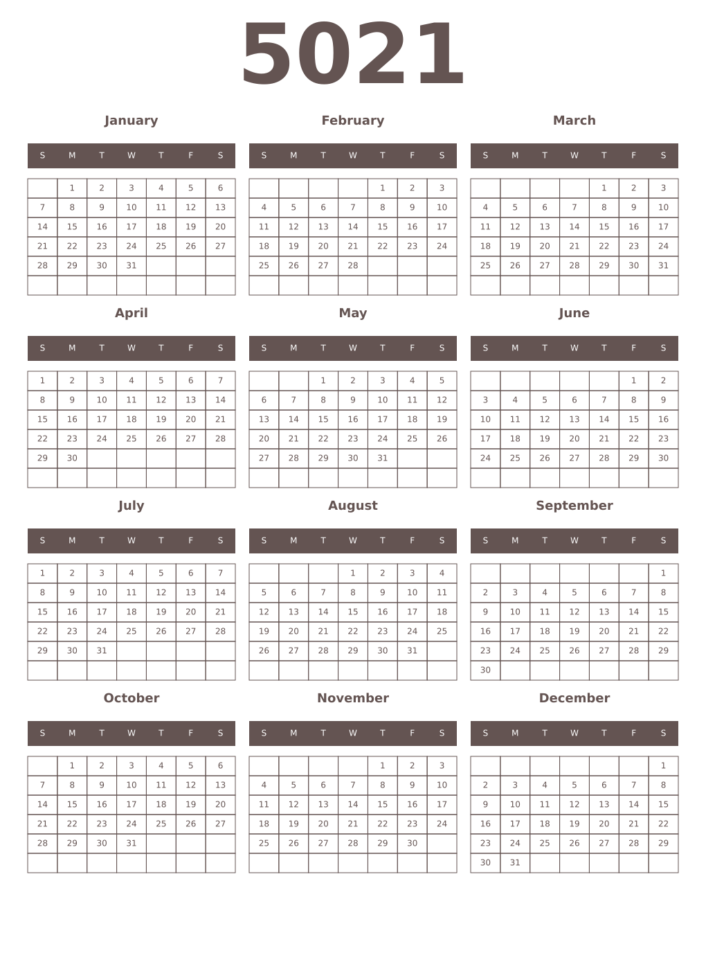 Printable 5021 Year Calendars wenge