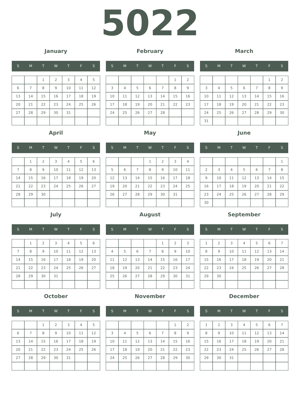 Printable 5022 Year Calendars feldgrau
