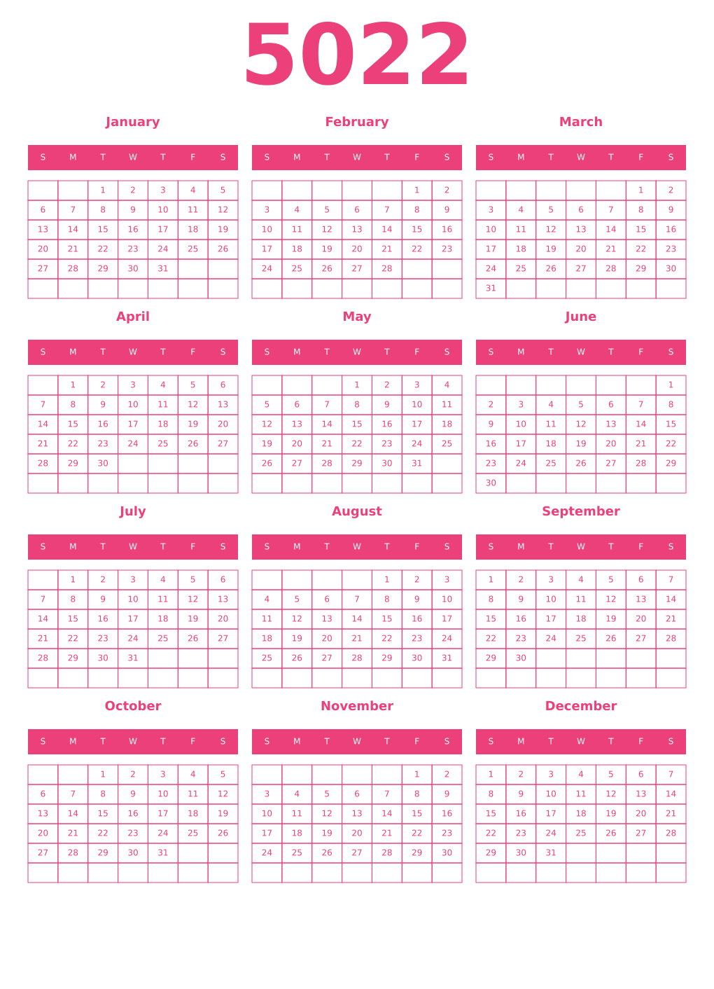 Printable 5022 Year Calendars pink