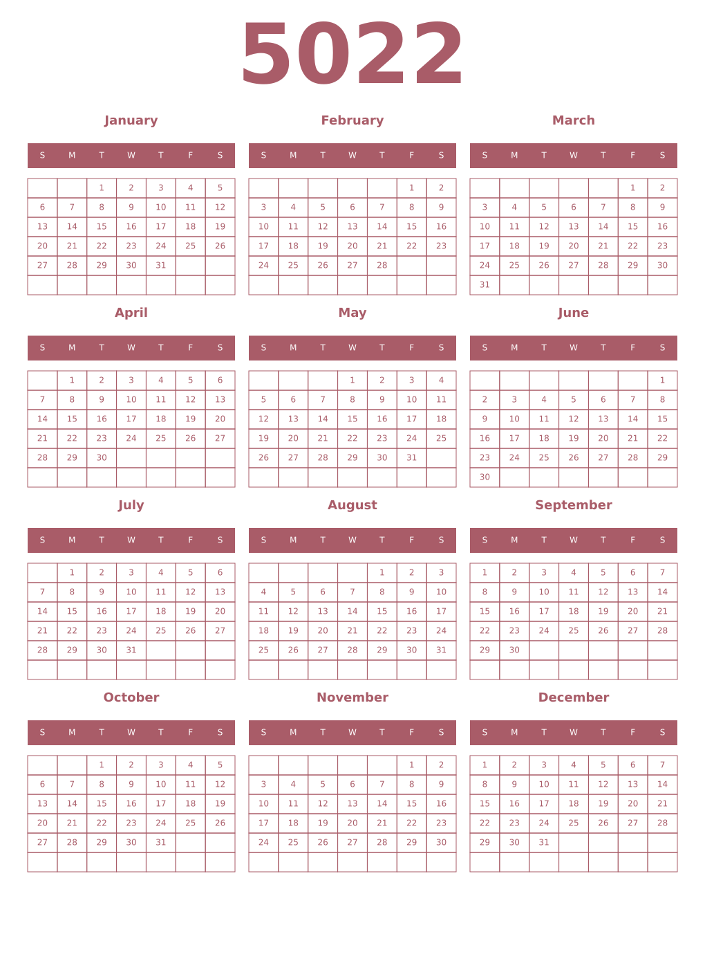 Printable 5022 Year Calendars puce