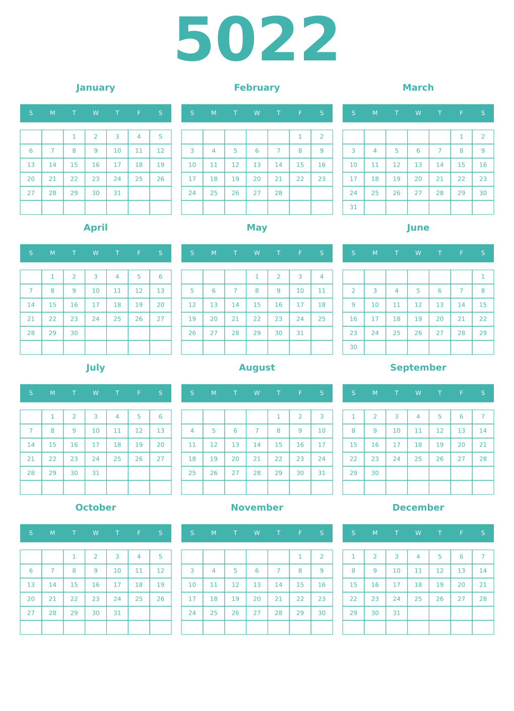Printable 5022 Year Calendars verdigris