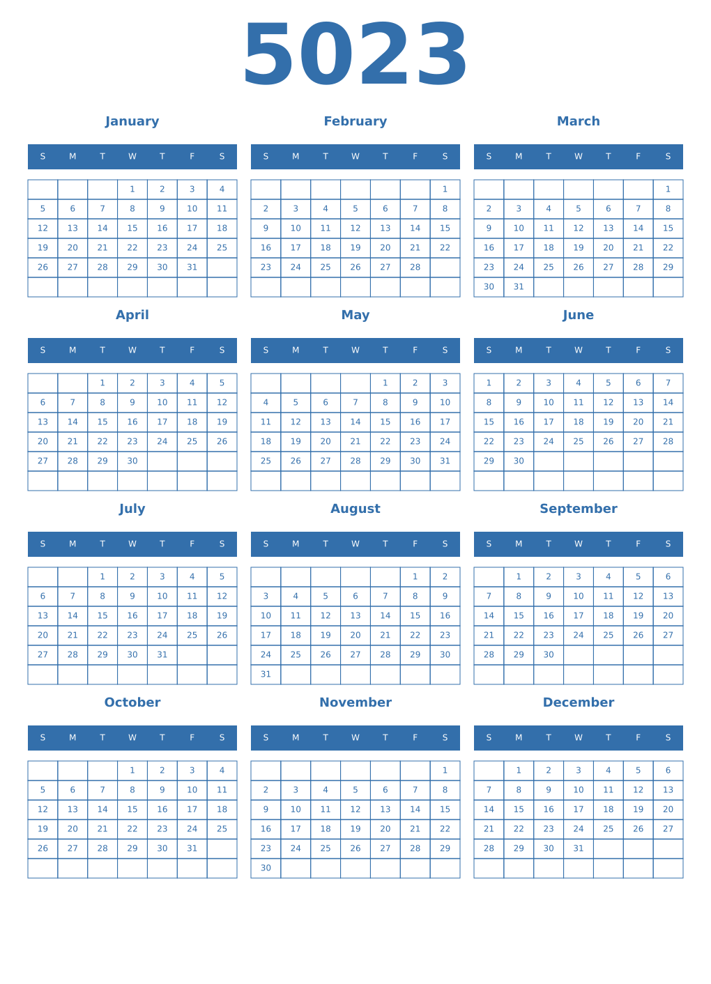 Printable 5023 Year Calendars blue