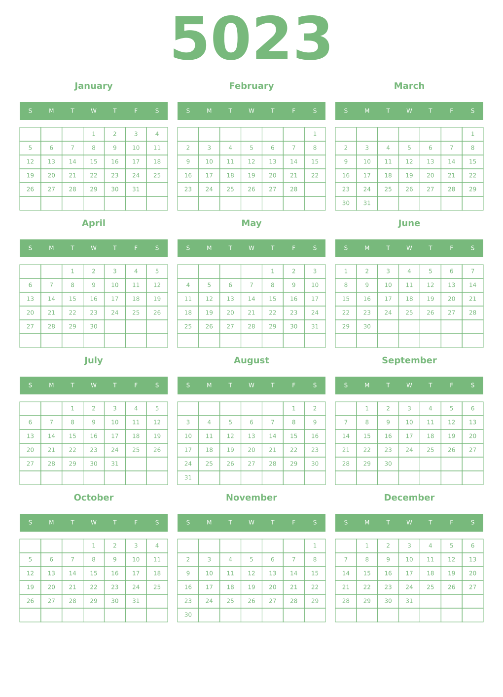 Printable 5023 Year Calendars celadon