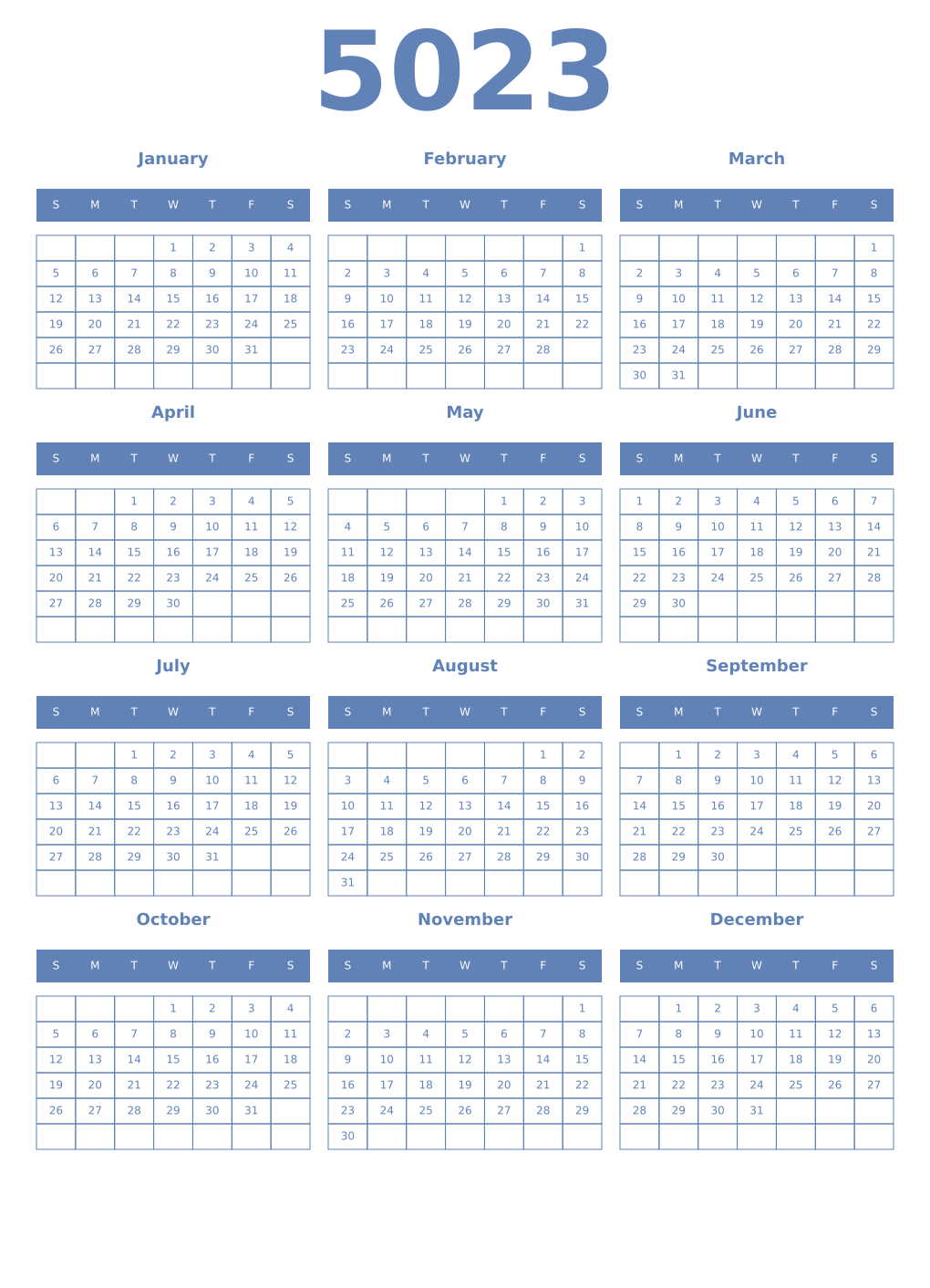 Printable 5023 Year Calendars glaucous