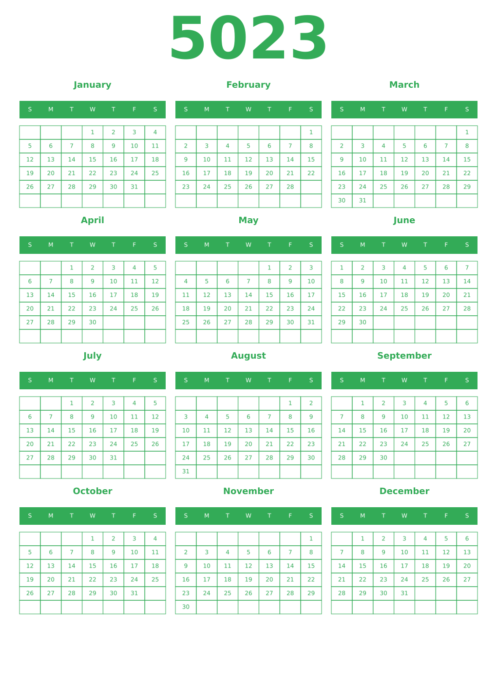 Printable 5023 Year Calendars green