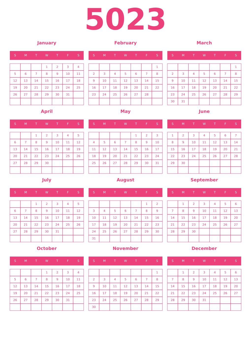 Printable 5023 Year Calendars pink