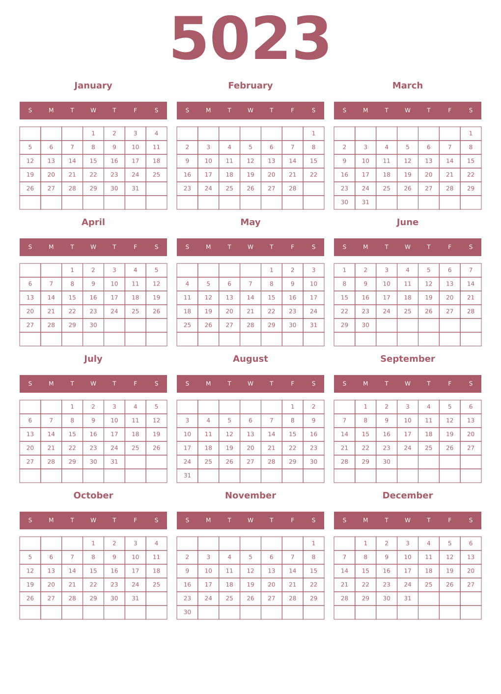 Printable 5023 Year Calendars puce