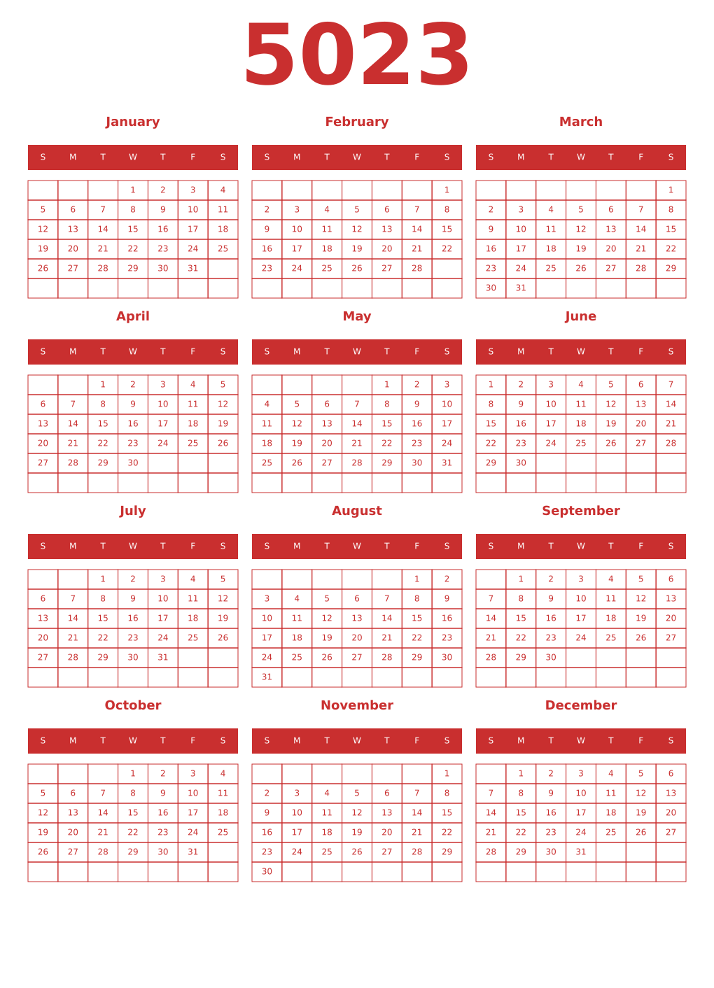Printable 5023 Year Calendars red