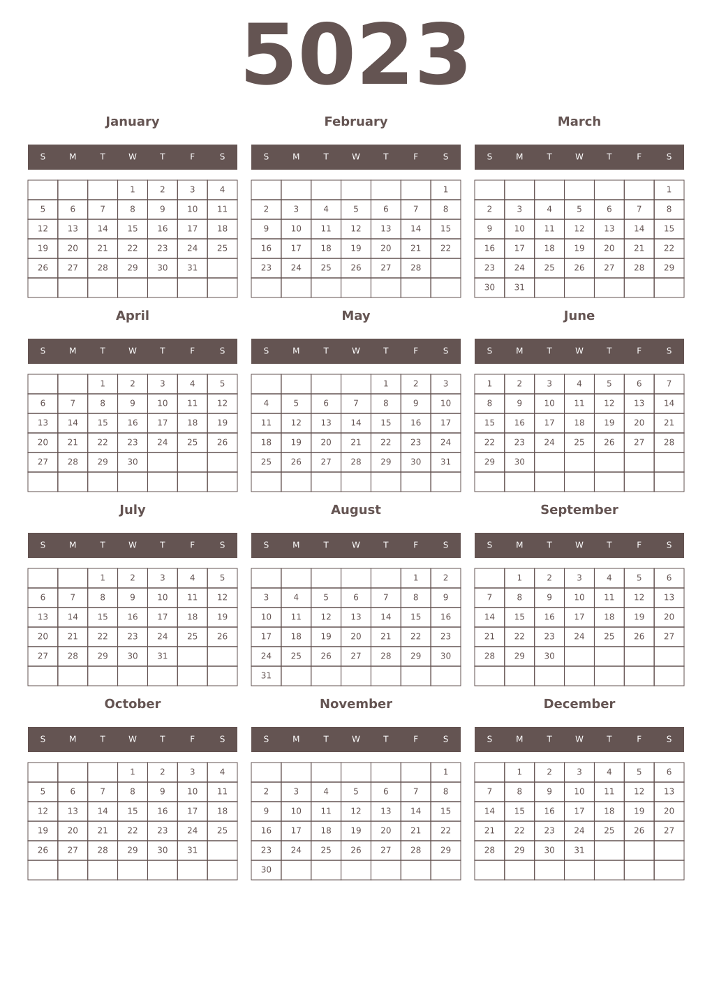 Printable 5023 Year Calendars wenge