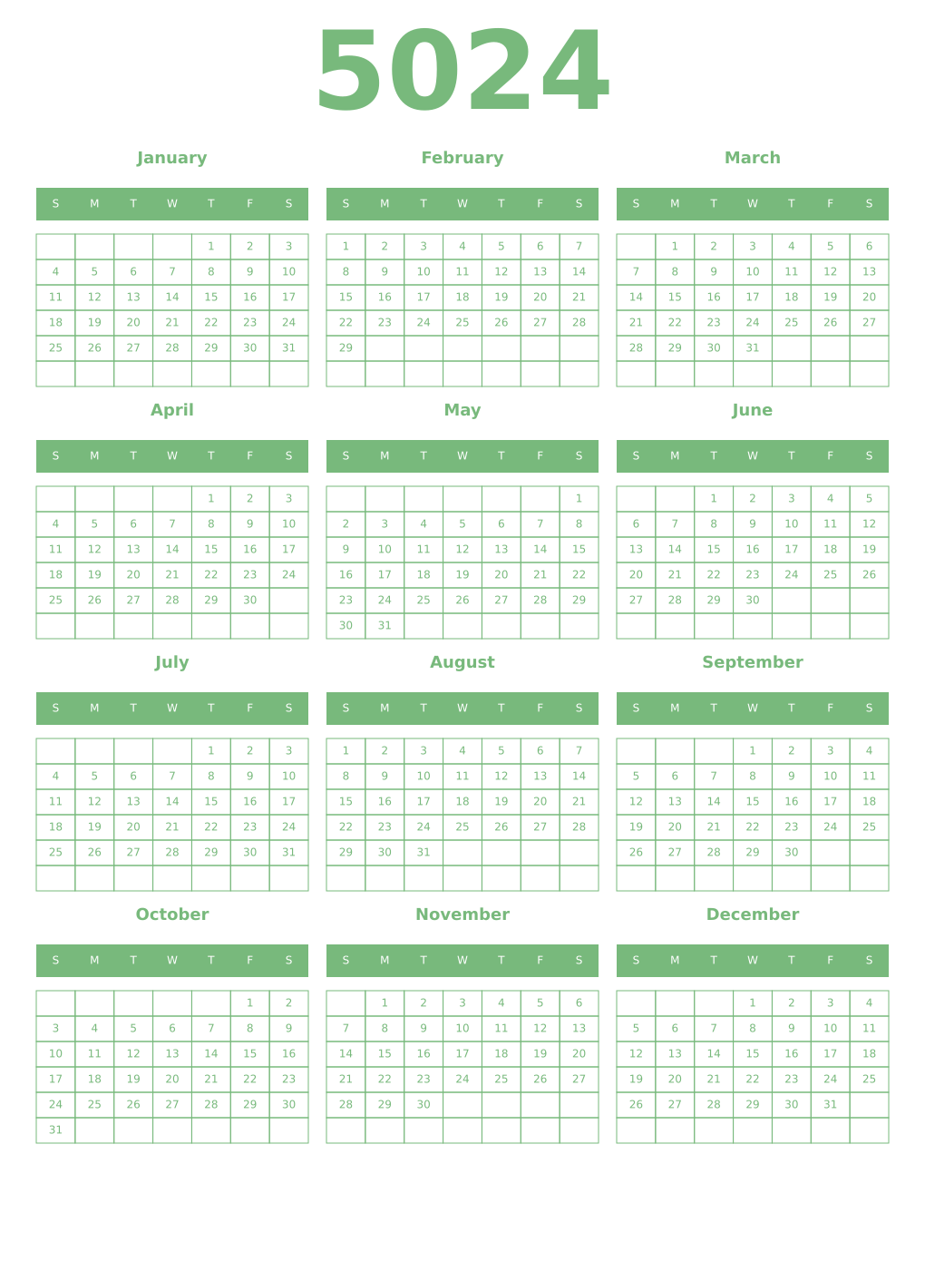 Printable 5024 Year Calendars celadon