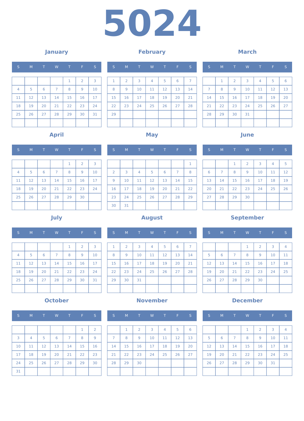 Printable 5024 Year Calendars glaucous