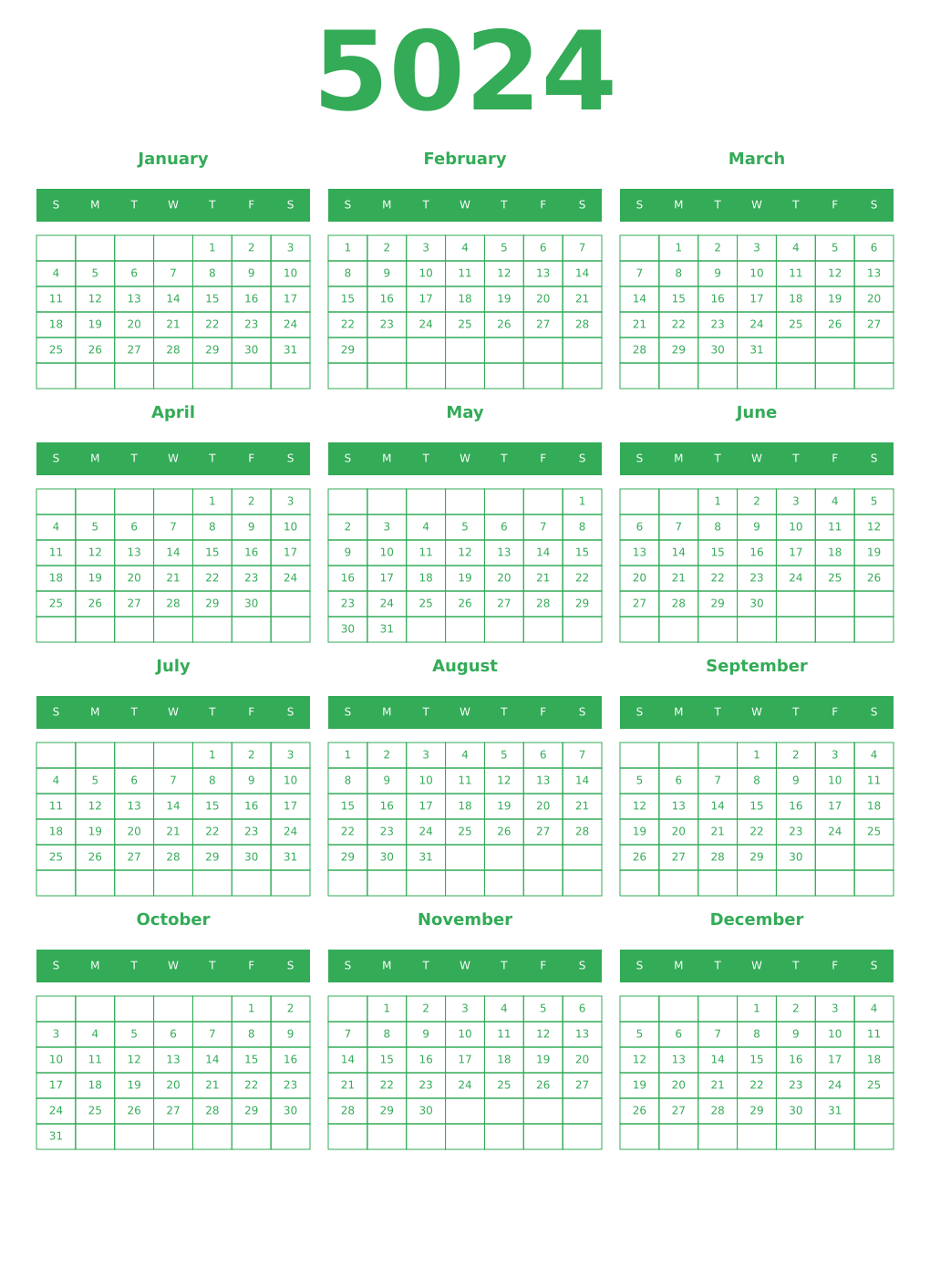 Printable 5024 Year Calendars green