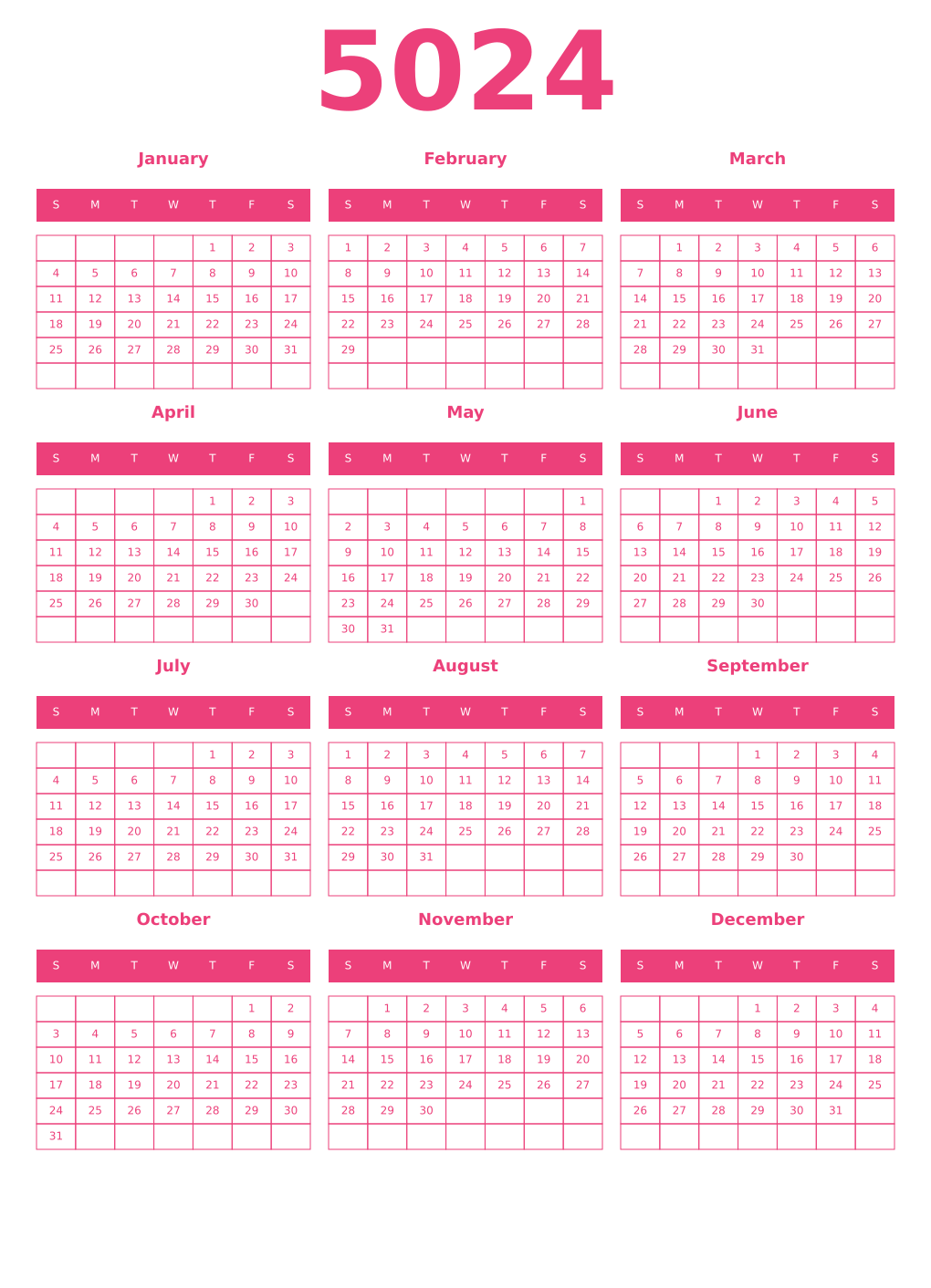 Printable 5024 Year Calendars pink