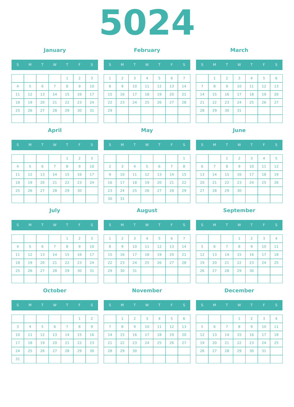Printable 5024 Year Calendars verdigris