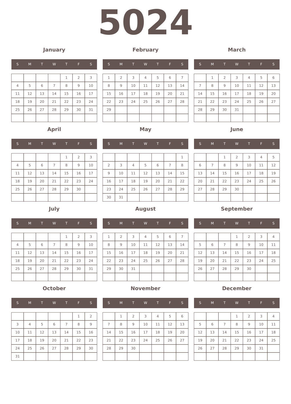 Printable 5024 Year Calendars wenge