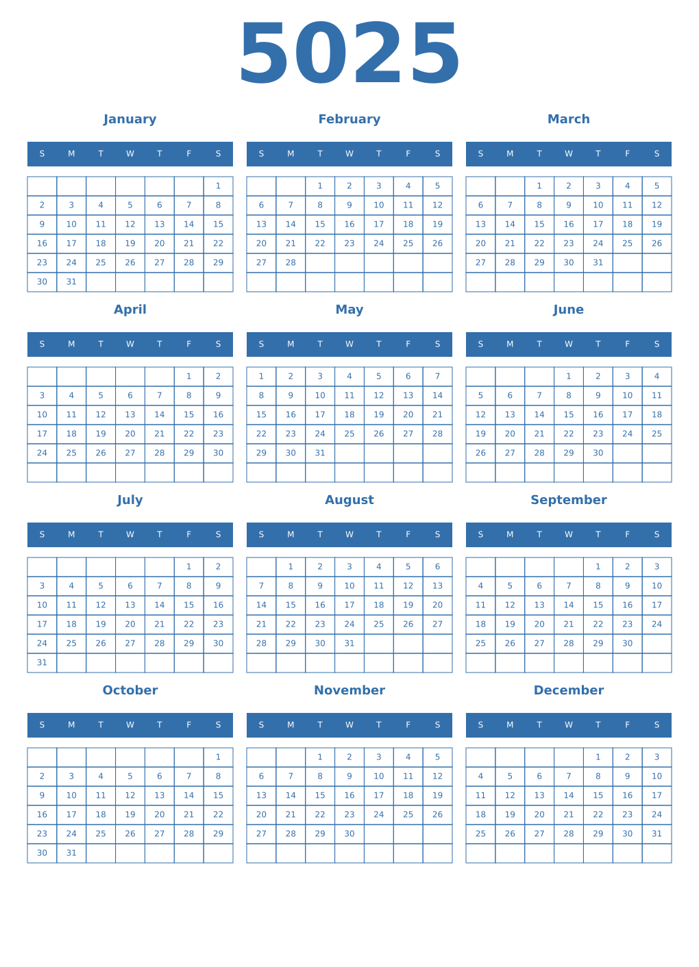 Printable 5025 Year Calendars blue