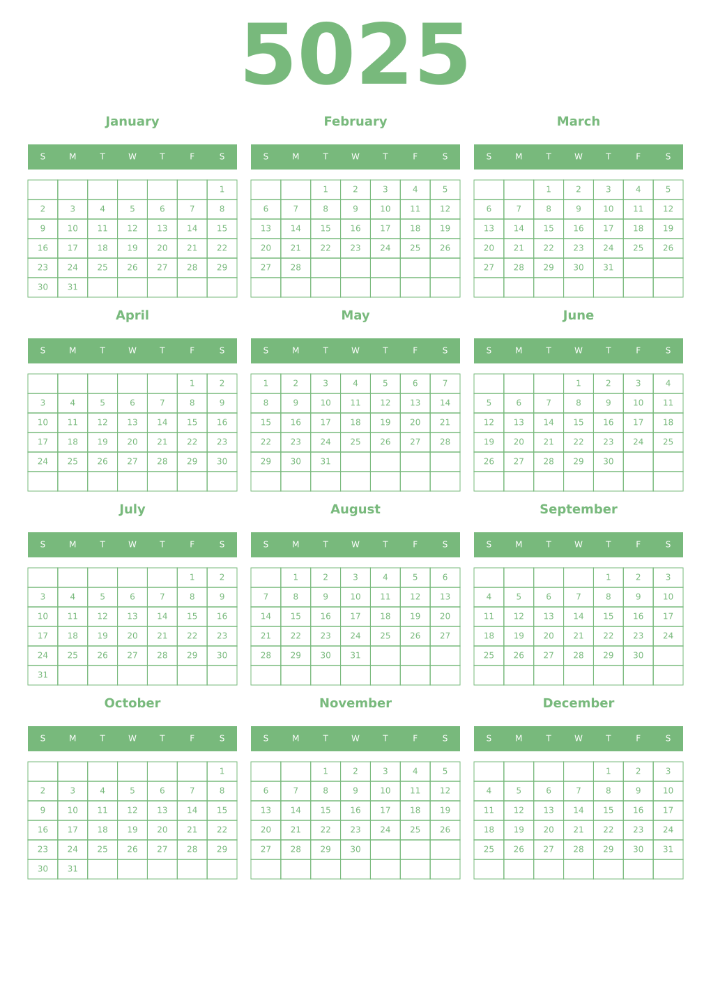 Printable 5025 Year Calendars celadon