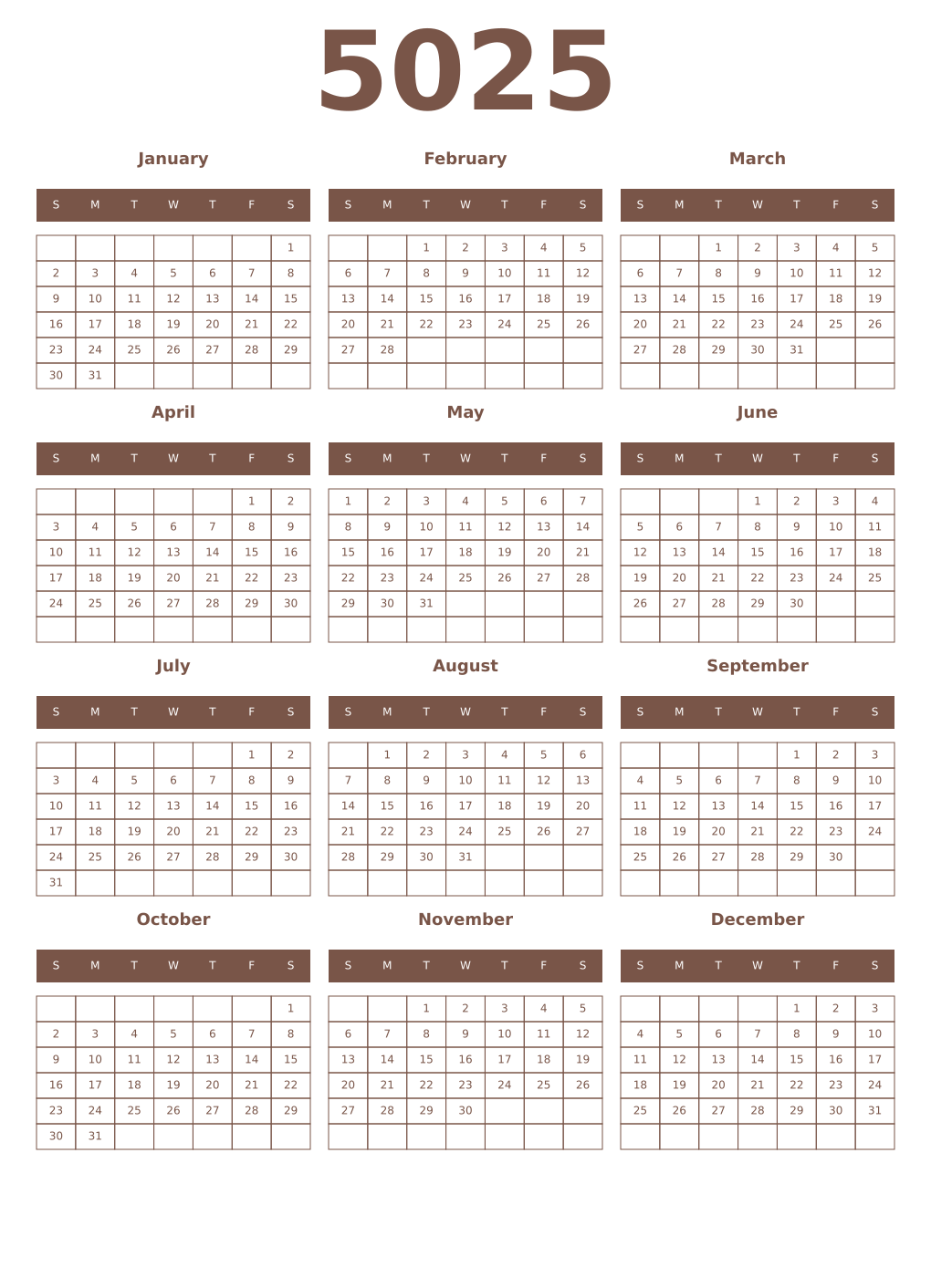 Printable 5025 Year Calendars coffe