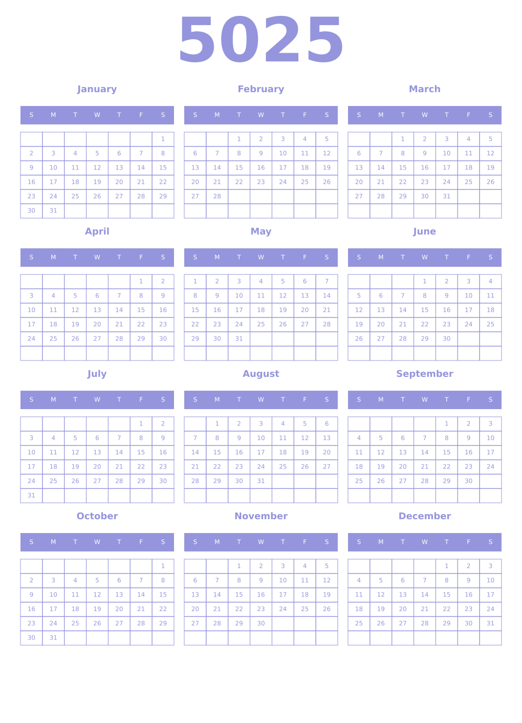 Printable 5025 Year Calendars periwinkle