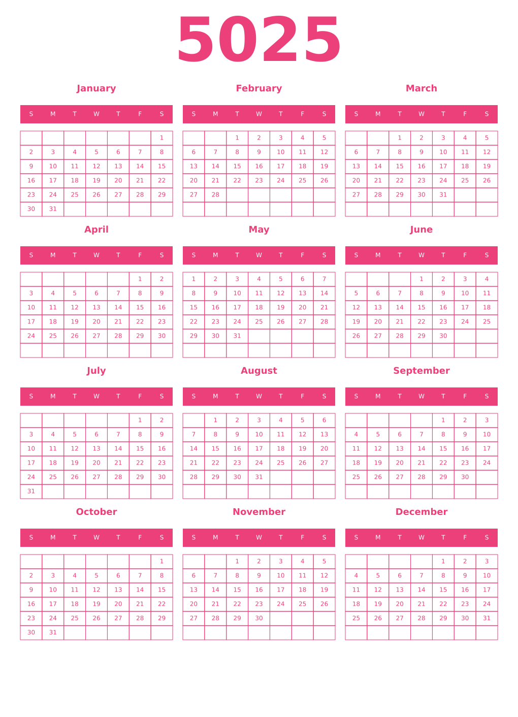 Printable 5025 Year Calendars pink