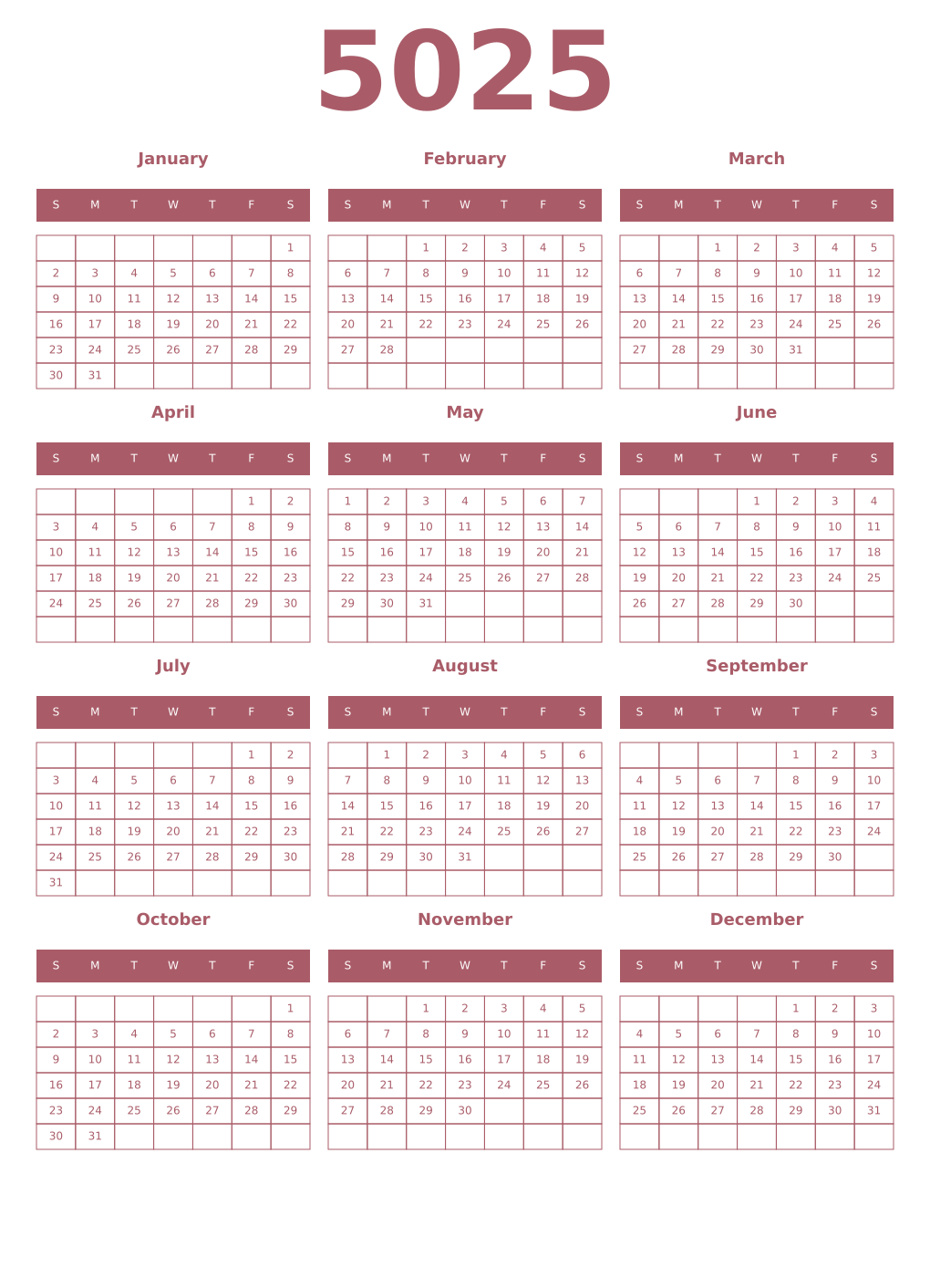 Printable 5025 Year Calendars puce