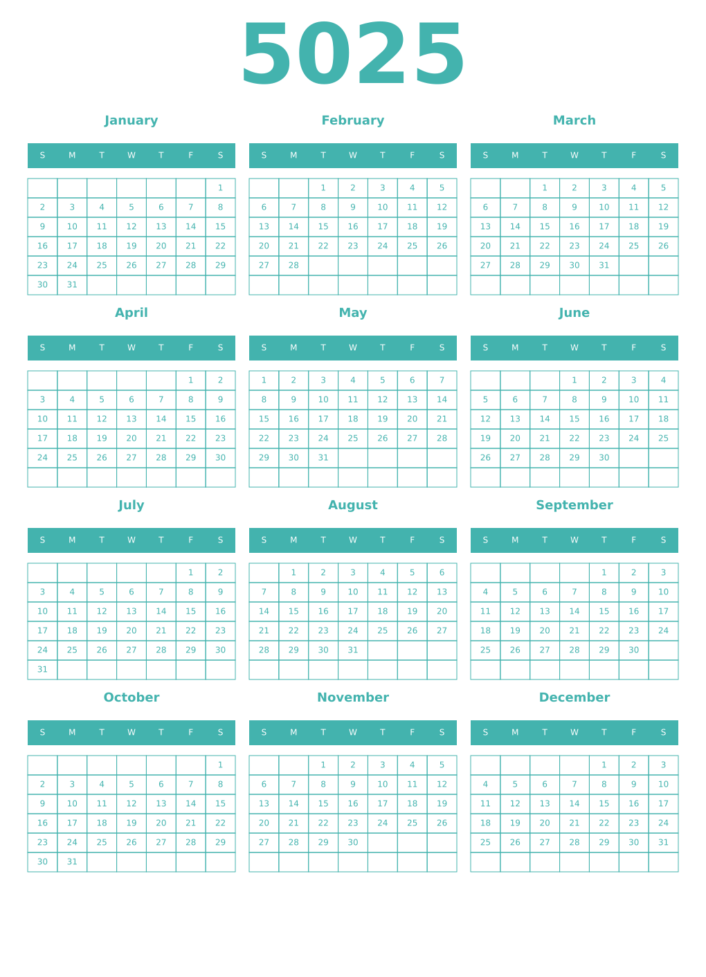Printable 5025 Year Calendars verdigris