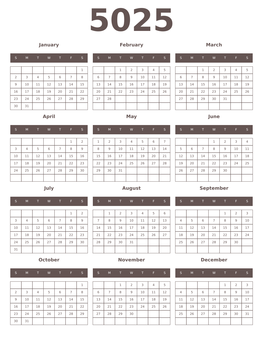 Printable 5025 Year Calendars wenge