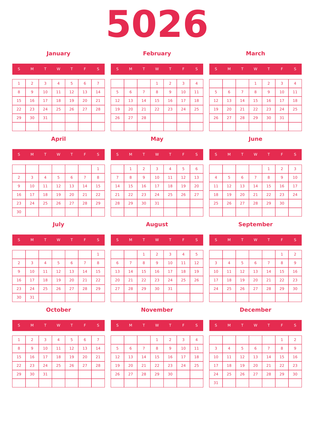 Printable 5026 Year Calendars amaranth