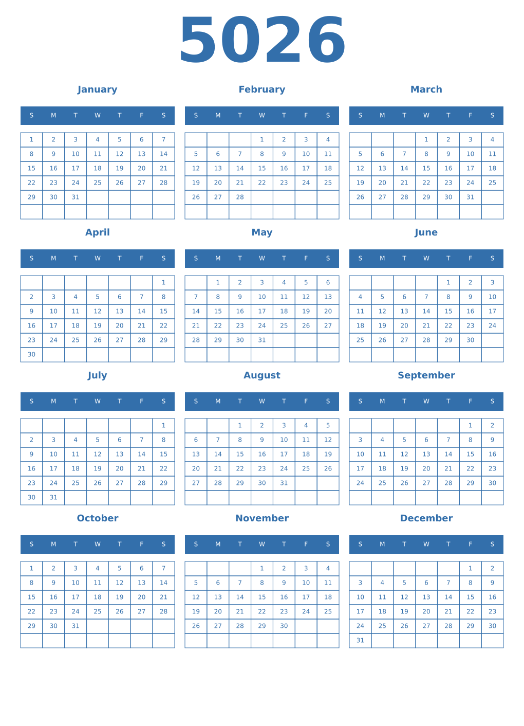 Printable 5026 Year Calendars blue