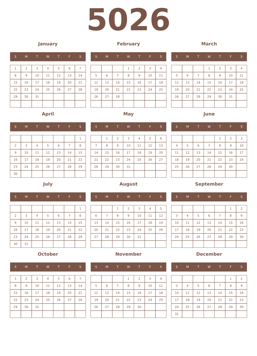 Printable 5026 Year Calendars coffe