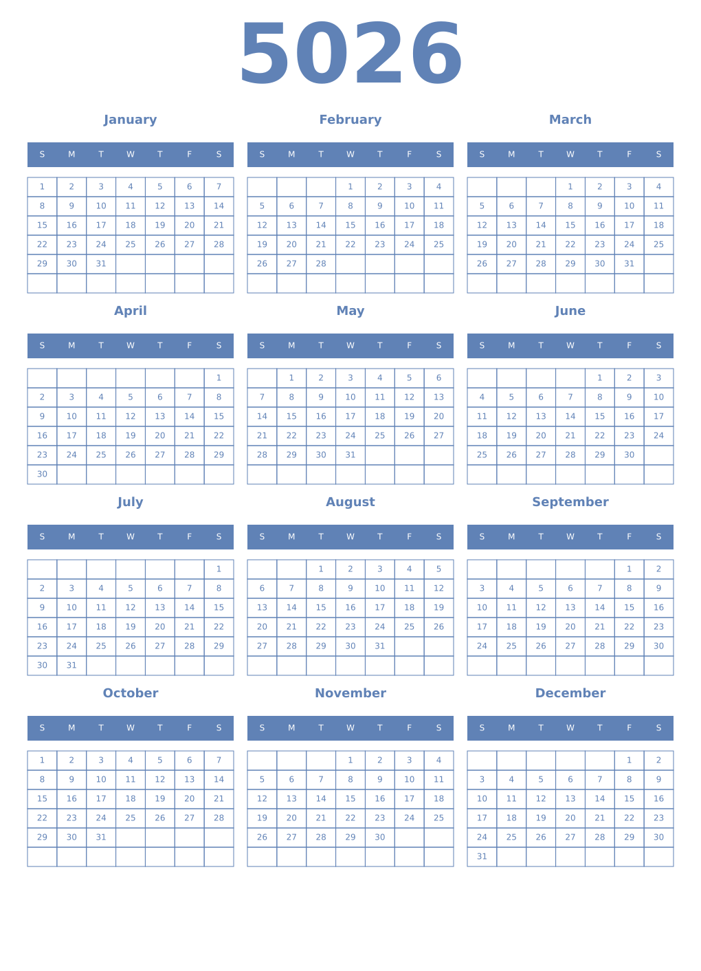 Printable 5026 Year Calendars glaucous