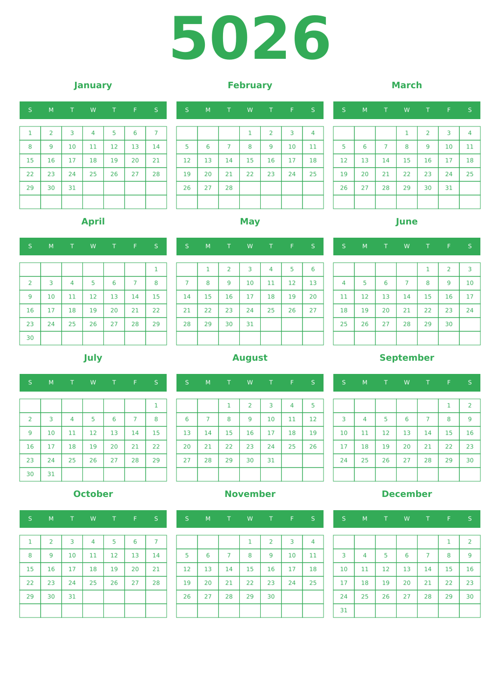 Printable 5026 Year Calendars green