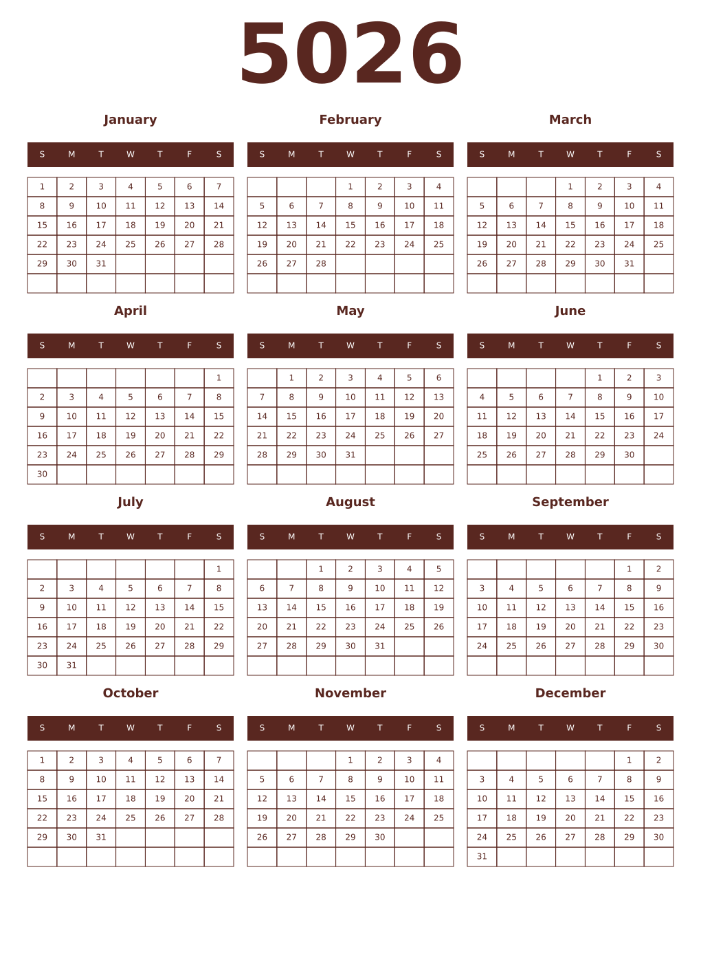 Printable 5026 Year Calendars mortuum