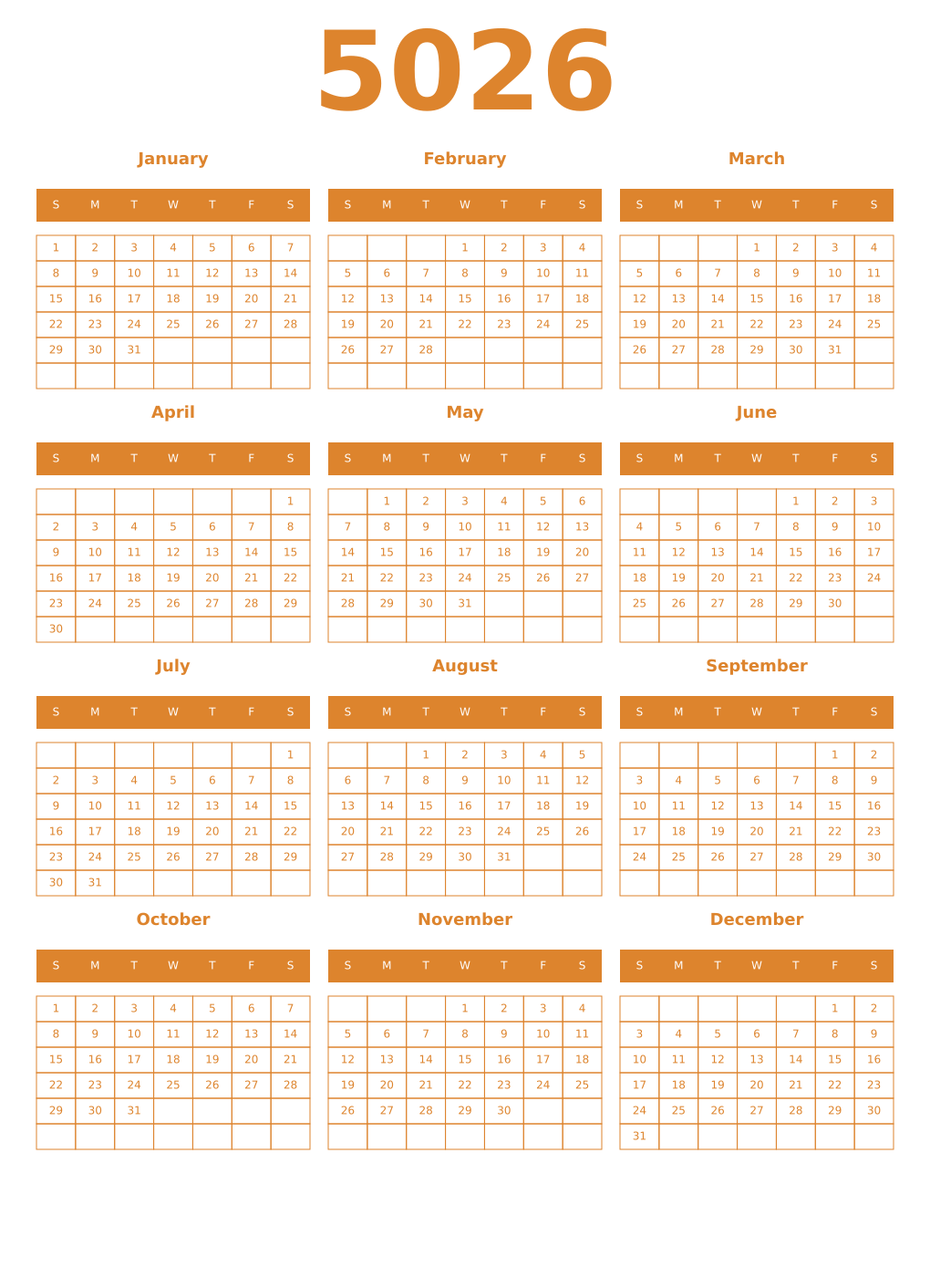 Printable 5026 Year Calendars orange