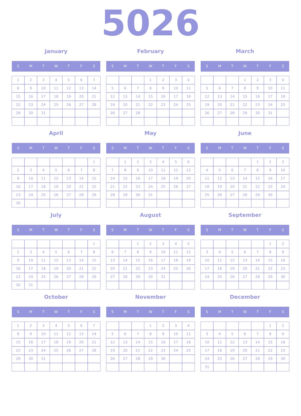 Printable 5026 Year Calendars periwinkle