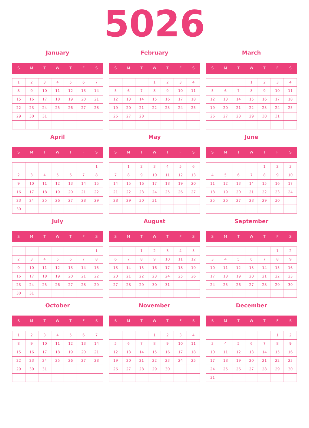 Printable 5026 Year Calendars pink