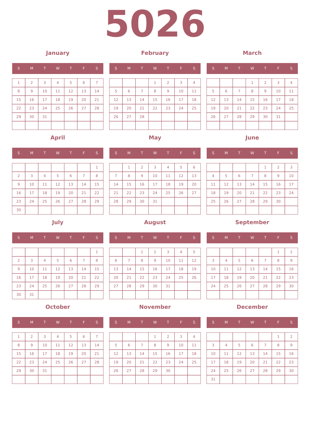 Printable 5026 Year Calendars puce